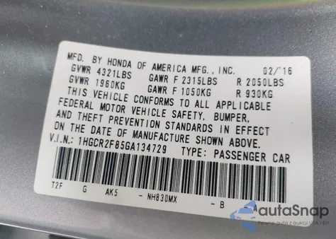 2016 Honda Accord Ex-L z USA, uszkodzony, nr VIN 1HGCR2F85GA134729